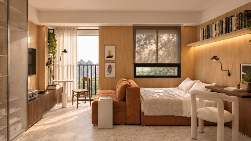 Interior ilustrado do studio, com cama, estante e janela