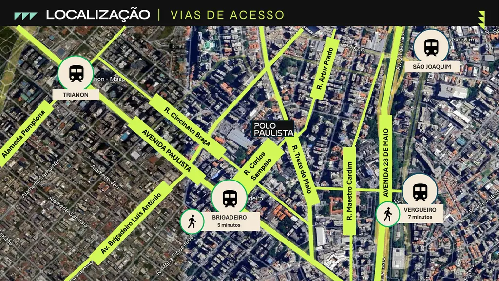 Mapa aéreo com o Polo Paulista, Metrô Brigadeiro a 5 minutos a pé e Metrô Vergueiro a 7 minutos a pé