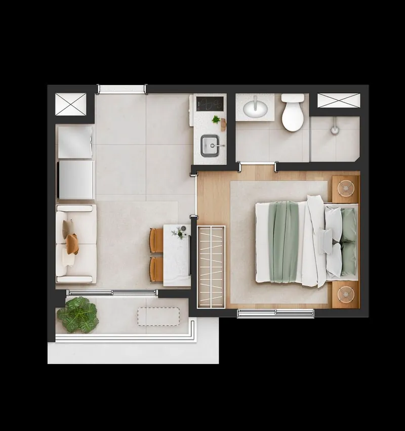 Planta ilustrada do apartamento de 1 dormitório do Polo Paulista